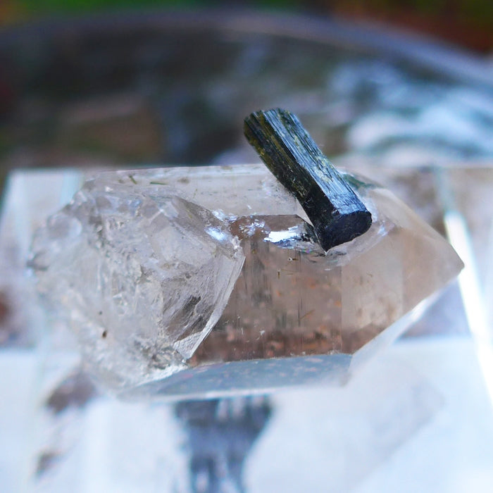 Smoky Quartz Point with Green Tourmaline Bridge Crystal Rod