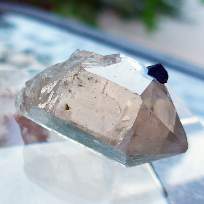 Smoky Quartz Point with Green Tourmaline Bridge Crystal Rod