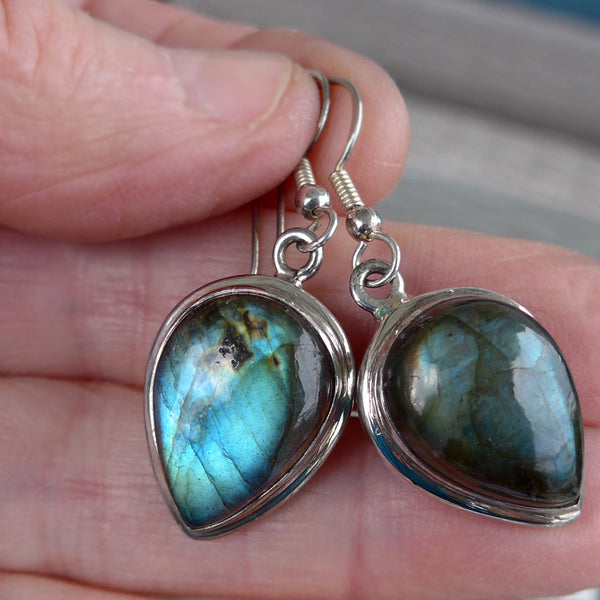 Labradorite Iridescent Teardrop Hanging Earrings in Sterling Silver