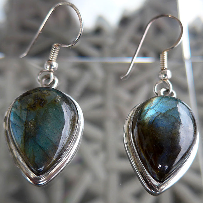 Labradorite Iridescent Teardrop Hanging Earrings in Sterling Silver