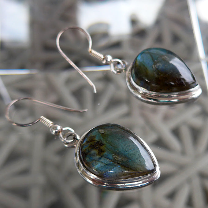 Labradorite Iridescent Teardrop Hanging Earrings in Sterling Silver