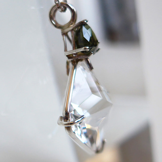 Clear Quartz Large Magician Stone with Moldavite Prong Setting