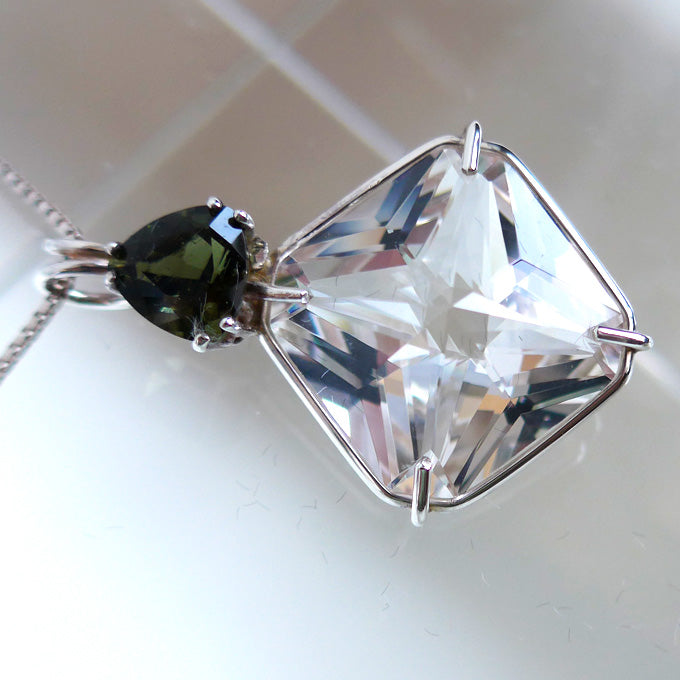 Clear Quartz Large Magician Stone with Moldavite Prong Setting