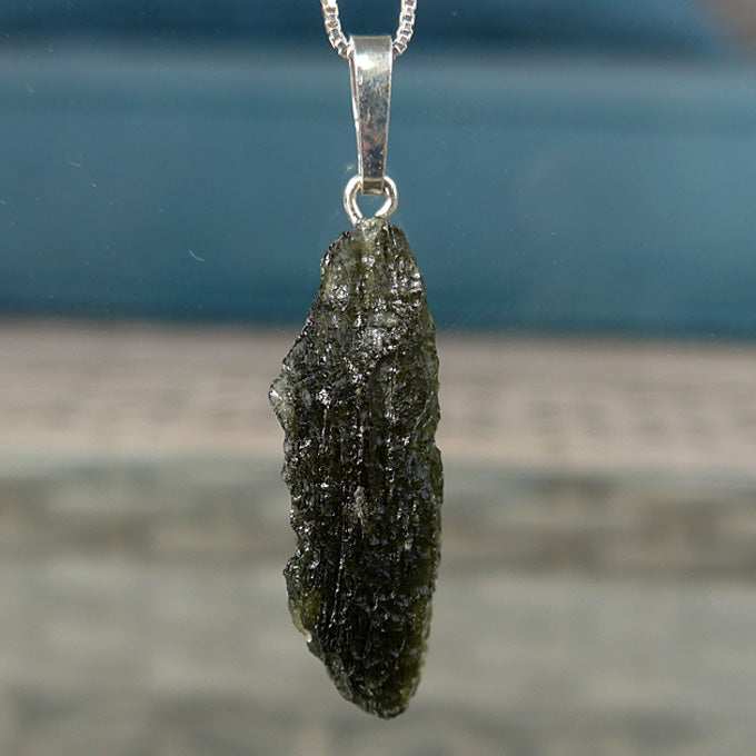 Unpolished Tall Rectangular Moldavite Pendant