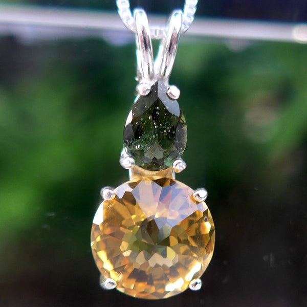 Citrine Mini Radiant Heart Pendant with Teardrop Moldavite Crown