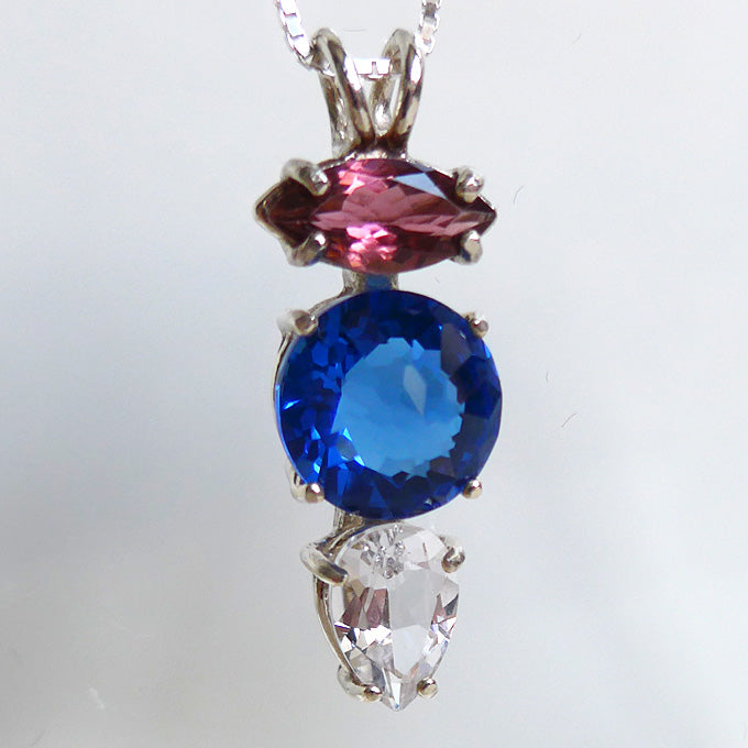 Tibetan Blue Obsidian Mini Radiant Heart with Pink Tourmaline Marquise Crown and Danburite Teardrop