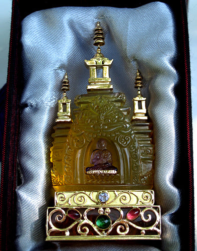 22 Karat Gold Gem Studded Amber Pagoda with Amethyst Buddha Altarpiece by Pedro Michel