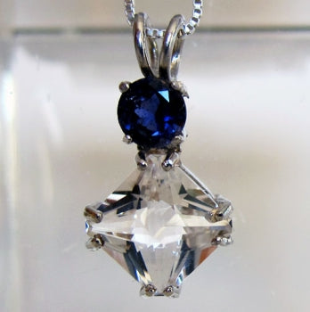 Clear Quartz Mini Magician Stone Pendant with Round Iolite Crown