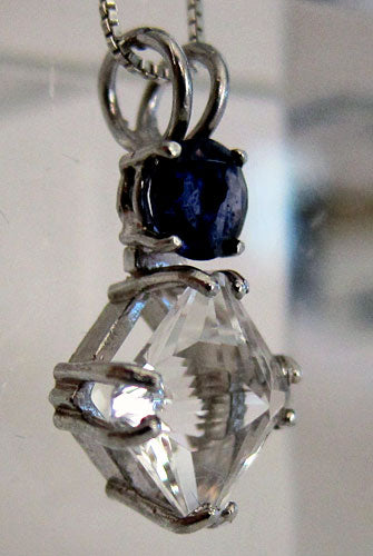 Clear Quartz Mini Magician Stone Pendant with Round Iolite Crown