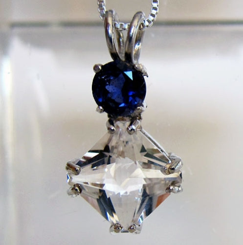 Clear Quartz Mini Magician Stone Pendant with Round Iolite Crown
