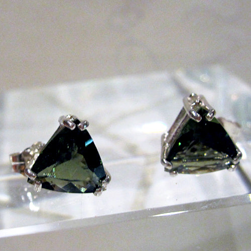 Moldavite Faceted Trillion Stud Earrings