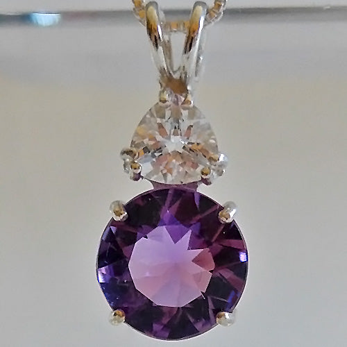 Brilliant Cut Amethyst Pendant with Trillion White Topaz Crown in Sterling Silver