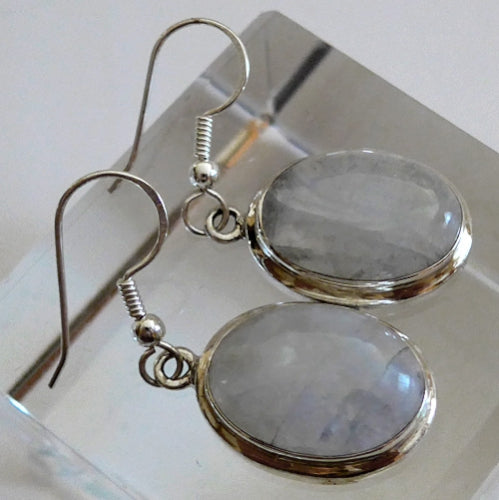 Moonstone Hanging Oval Earrings in Sterling Silver