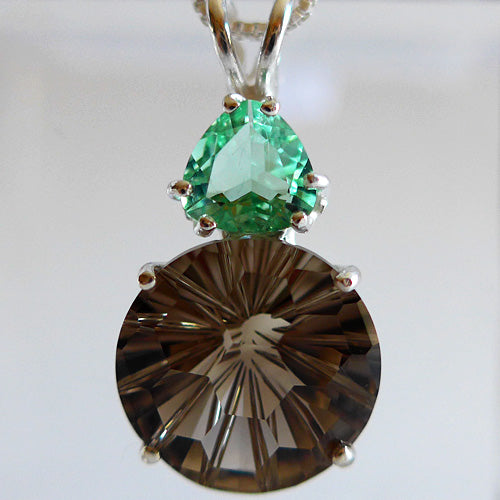 Smoky Quartz Super Nova Pendant with Tibetan Green Obsidian Trillion