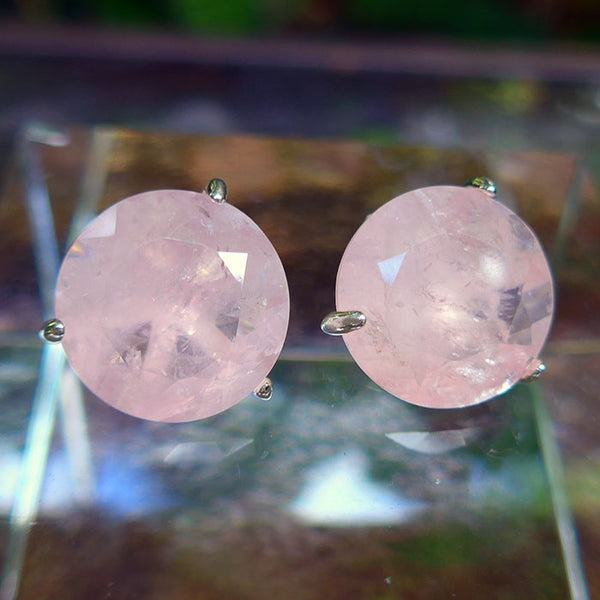 Rose Quartz Round Faceted Stud Earrings Rhodium Plated