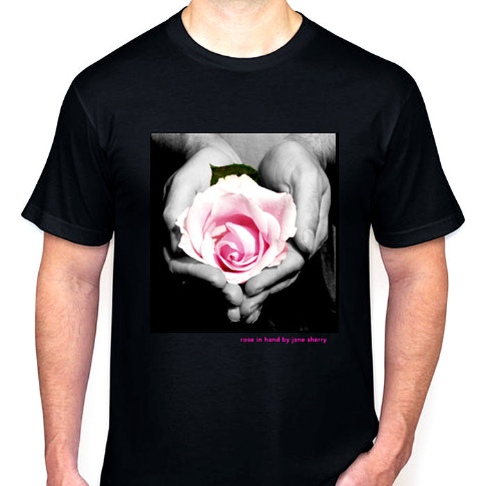 Black T-Shirt Rose in Hand Women's Small