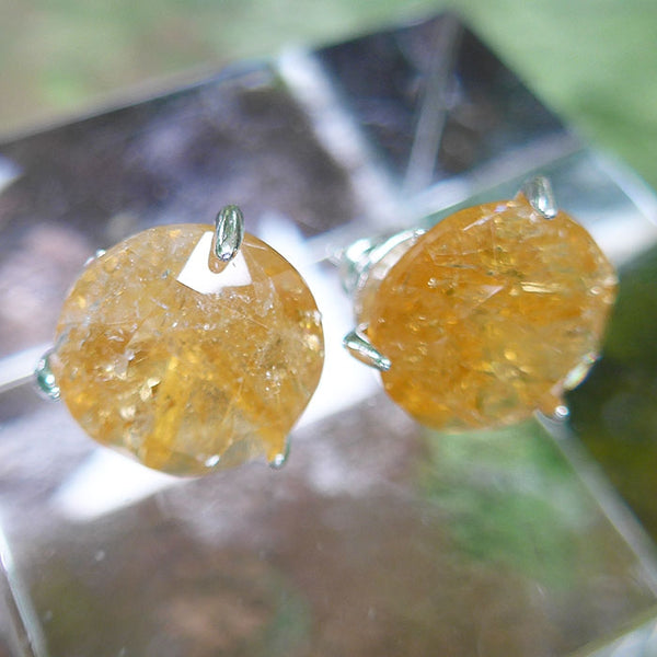 Citrine Faceted Round Post Earrings Rhodium Plated