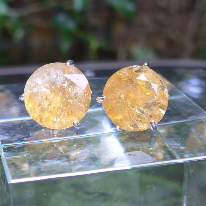 Citrine Faceted Round Post Earrings Rhodium Plated