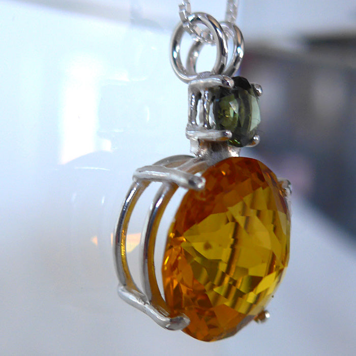 Siberian Gold Quartz Radiant Heart Pendant with Moldavite Crown Basket Setting