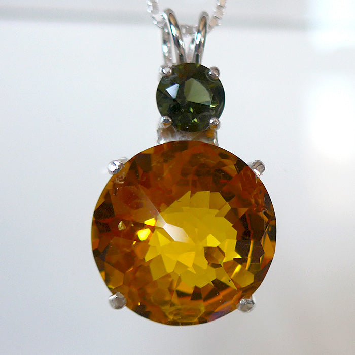 Siberian Gold Quartz Radiant Heart Pendant with Moldavite Crown Basket Setting